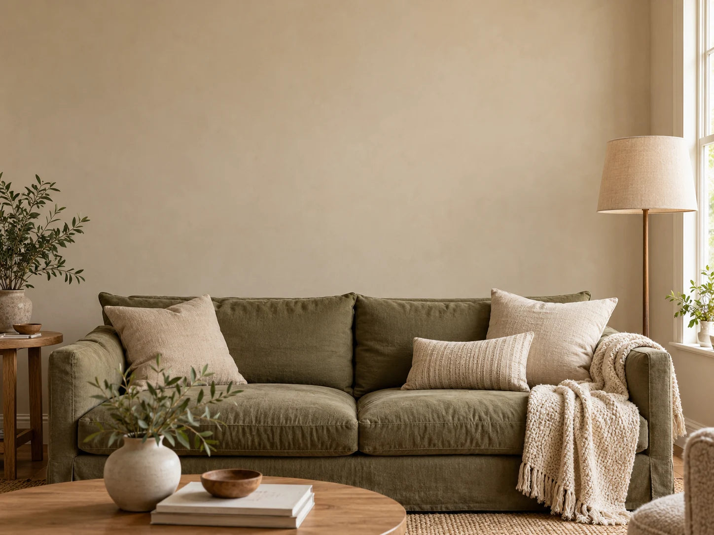 A styling illustration of a living room with an olive sofa and warm natural light